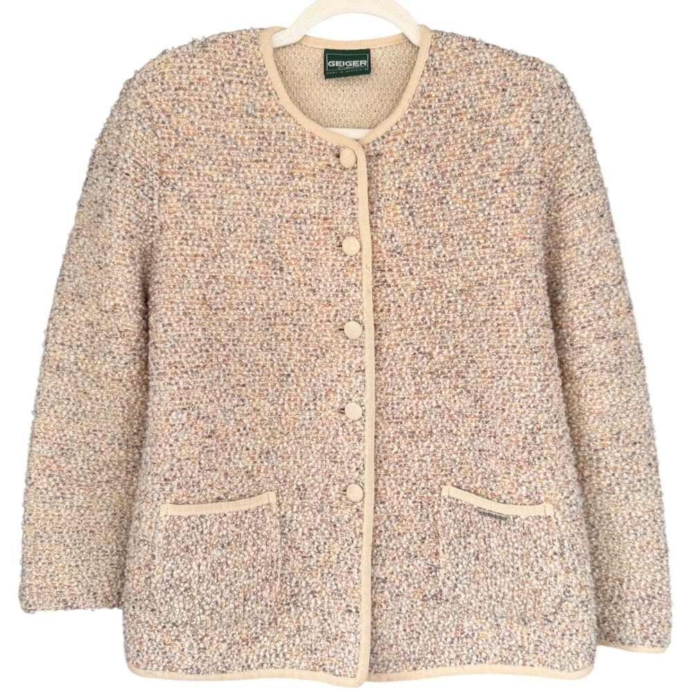 C2 Geiger Cardigan Jacket Multi Boucle Knit Austria Vintage 44 Wool Blend Pocket